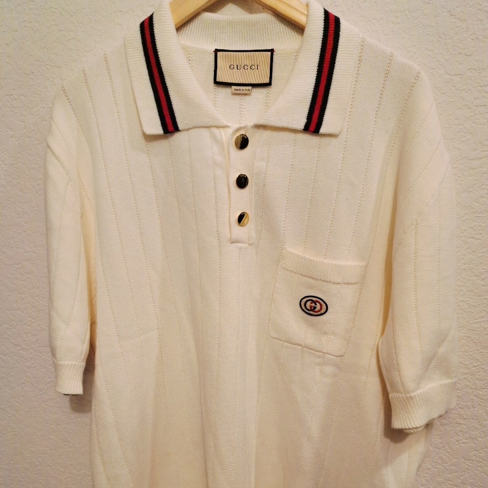 Gucci 100% Cotton Tan Lace Knit Mens Polo T-Shirt XL